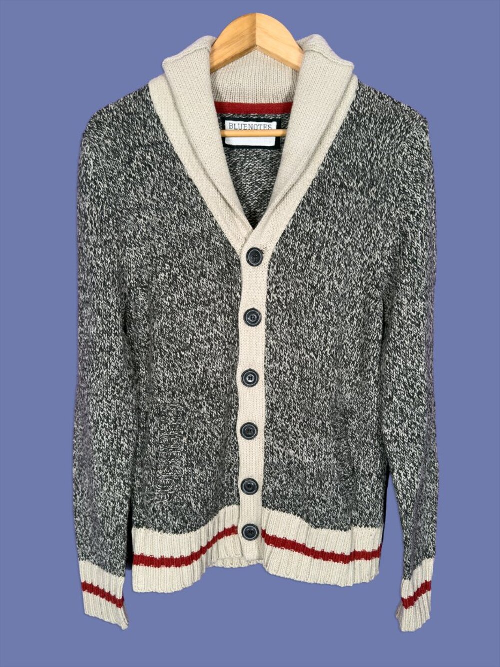 Grandpa Core Cabin Core Shawl Collar Knit Cardigan Sweater Marled Gray Cream M